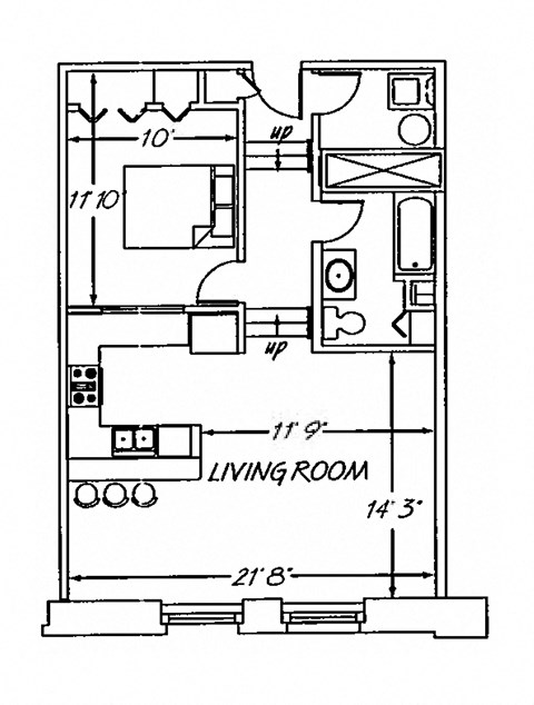 Floor plan for 1 bed, 1 bath, 829 sqft